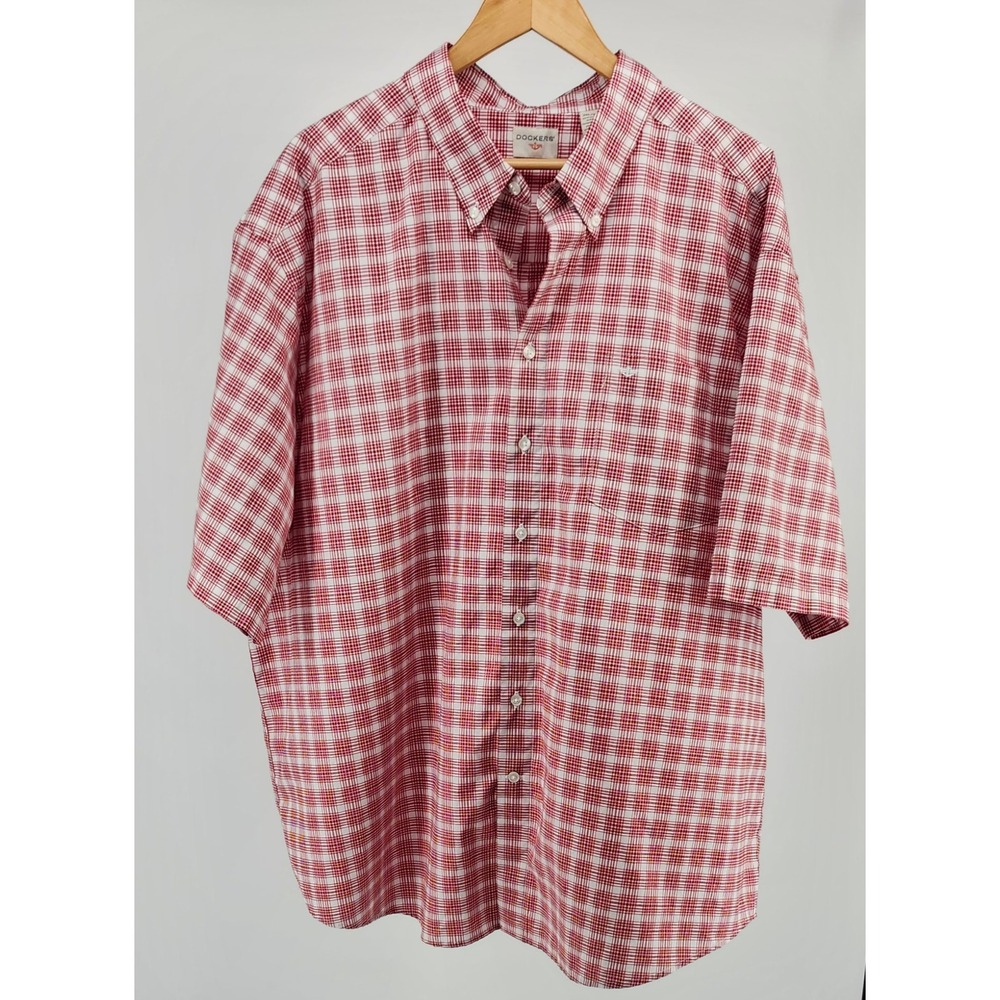 Dockers Mens 3XL Red White Plaid Camp Short Sleeve Button Down Big & Tall Pocket